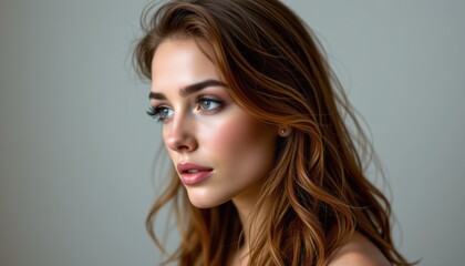 Fototapeta premium Elegant portrait of a young woman studio photography neutral background side view beauty concept