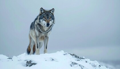 Fototapeta premium A lone grey wolf standing atop a snowy ridge, piercing eyes scanning the vast, frozen wilderness under a moody, overcast sky.