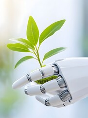 A robotic hand gently cradles a small, vibrant green plant, symbolizing technological advancement's role in environmental sustainability