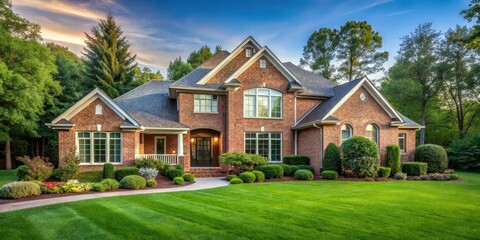 A modern brick home sits comfortably on a lush green lawn with mature trees surrounding it, creating a serene atmosphere and natural beauty , residential property, mature trees