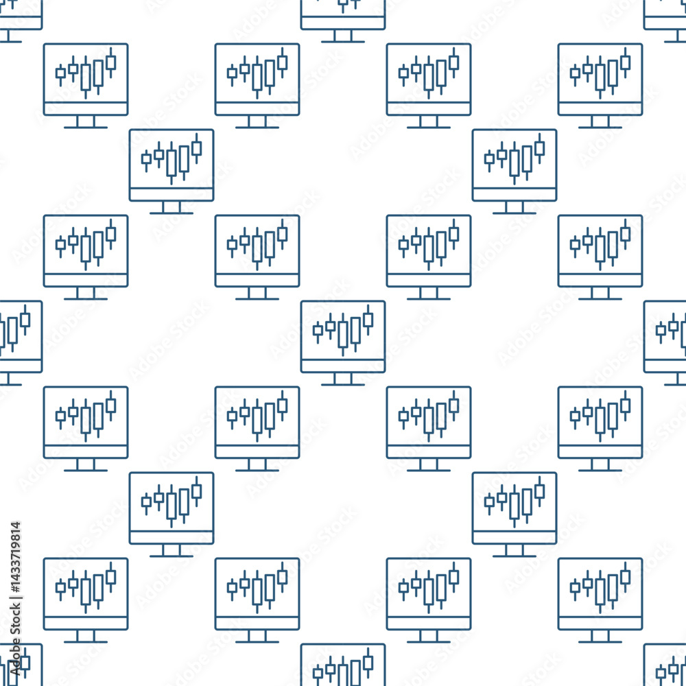 Poster computer with candlestick trading chart vector seamless pattern in thin line style