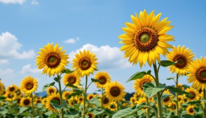 Obraz premium Sunflower blooming action in vibrant field nature photography sunny day outdoor environment close-up perspective