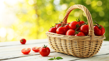 Red Tomato in basket and some tomato on table in natural background, Tomatoes in wicker basket on table