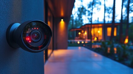 Security camera mounted on building exterior at night with blurred house in background.