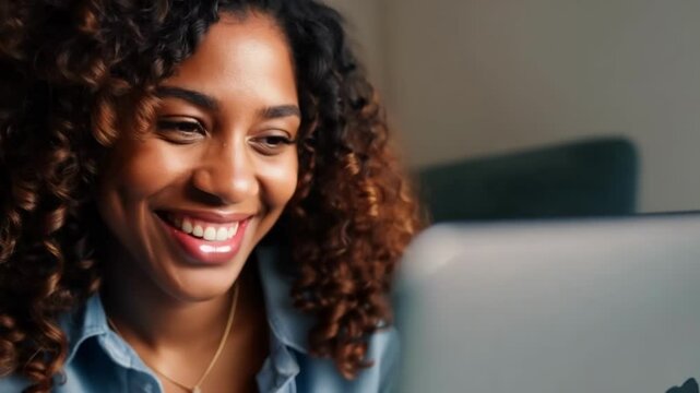Close-up of young woman with curly hair smiling and laughing progressively. Her genuine expression brightens as she moves slightly, showcasing natural beauty and authentic joy in casual indoor setting