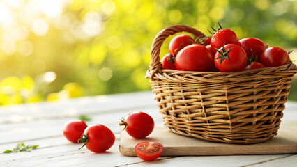 Red Tomatoes in wicker basket and some tomatoes on table in natural sunny day background, Tomato in basket on wooden table