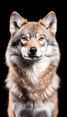 Fototapeta premium A wolf, front-facing, against a black background, displays a calm and alert expression Its fur is a blend of gray, brown, and tan