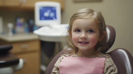 Fototapeta premium Caucasian little girl smiles sweetly sitting in dentist's chair, wearing bib, awaiting dental examination.
