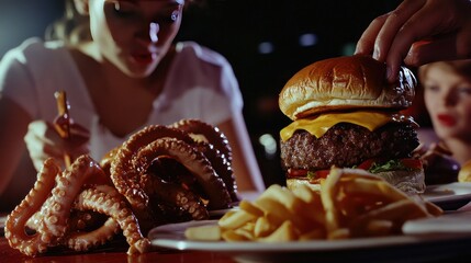 A close-up image of a hand exchanging a burger, wrapped in paper, from a vendor wearing gloves.