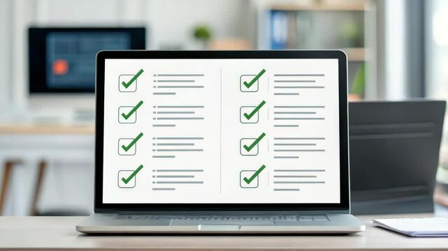 A laptop displaying checklists on its screen, set in a modern office environment with another computer in the background.