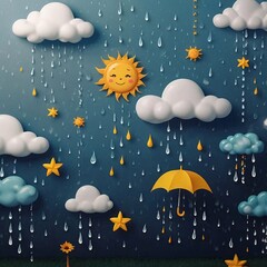 Decorative wall art featuring cheerful sun, clouds, raindrops, and playful stars under a blue sky background with a yellow umbrella