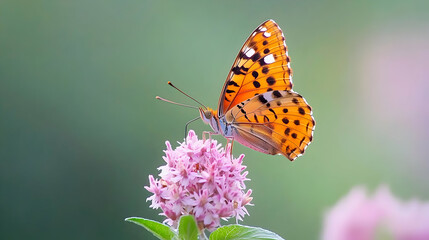 Obraz premium Vibrant Orange Butterfly with Spotted Wings Perched on Delicate Pink Flower with Green Bokeh Background