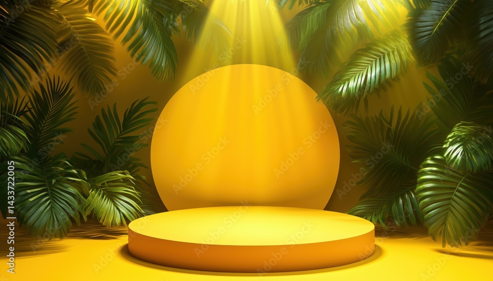 Poster vibrant summer yellow podium shelf in empty studio for product display. 3d rendering shows blank sta