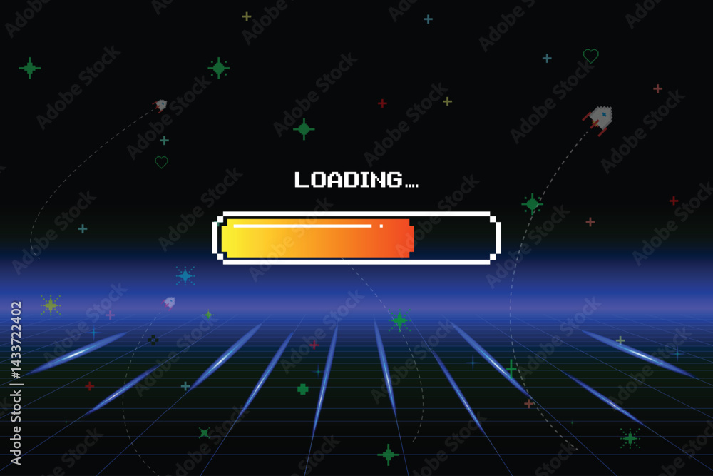 Poster loading. pixel art. 8 bit. retro game. for game assets in vector illustrations. retro futurism sci-f