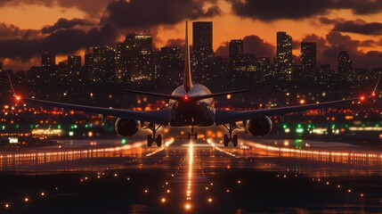 Airplane landing city night lights runway