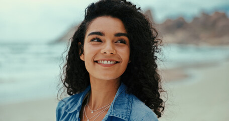 Thinking, relax and happy woman at sea for holiday, vacation and outdoor travel for adventure. Beach, peace and person with smile at ocean for trip, mindfulness or tourism ideas on island in Bali
