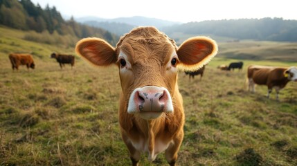 Curious brown cow grazes in green pasture, surrounded by herd, representing rural agriculture.