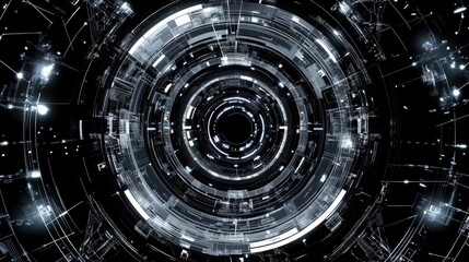 Abstract circuit technology system with digital lines and connections on dark background. High-tech concept for business presentation, innovation, electronics, and futuristic digital interface