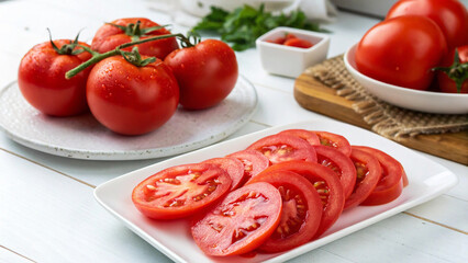 Tomatoes on plate with water drop and some tomatoes slice on table in kitchen