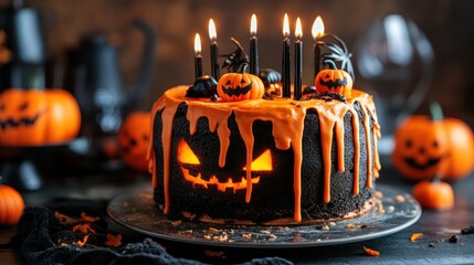 Halloween cake glows, adorned with candles, pumpkins, presenting spooky, festive confection for autumn holiday celebration.