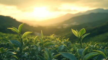 Fototapeta premium Tea plants grow against hazy backdrop, featuring fresh leaves during sunrise, promoting healthy lifestyle.
