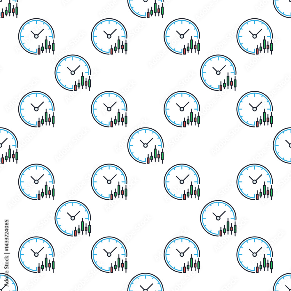 Poster candlestick pattern chart with clock vector colored seamless pattern