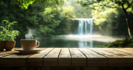 Fototapeta premium Wide view of steaming coffee cup resting on cozy wooden counter with soft morning light, while distant waterfall adds peaceful atmosphere and gentle balance to the natural forest setting.
