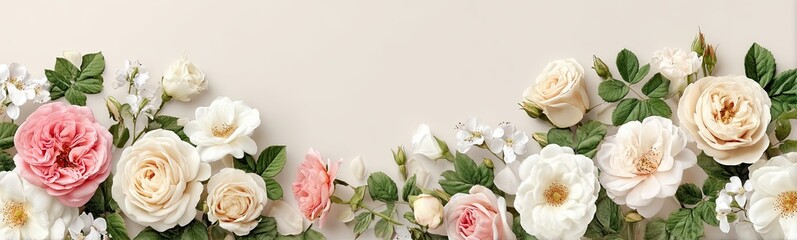 Romantic pink and white roses blooming on soft pastel background with leaves