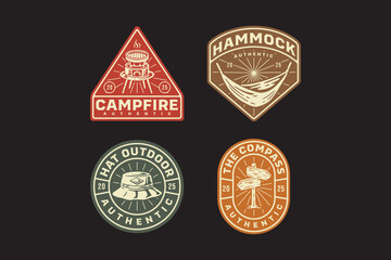 outdoor stove, hammock, hat, wooden signpost, signboard, hanging bed, grill, toaster retro badge logo vector design collection set for adventure, outdoor, camper, explorer, mountaineer and hiker