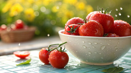 Tomatoes in bowl with water drop and some tomato on white table in natural background, Tomato in wooden bowl on table