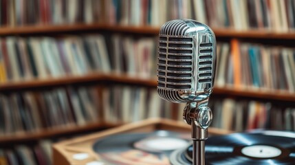 Vintage Microphone on Turntable with Bookshelf Background