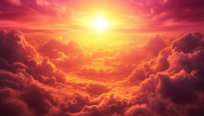 Fototapeta premium Breathtaking Evening Sky: Bright Sunlight Peeking Through Clouds In A Natural Panoramic Composition At Sunset