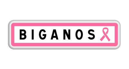 Panneau de sortie de Biganos, Gironde, Nouvelle-Aquitaine avec Ruban Octobre Rose