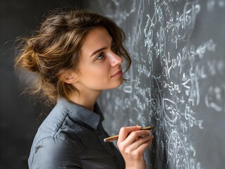 A young woman thoughtfully studies complex mathematical equations written in chalk on a large blackboard in a classroom setting.