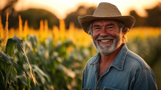 Smiling older man in hat stands in a cornfield at sunset. - Powered by Adobe