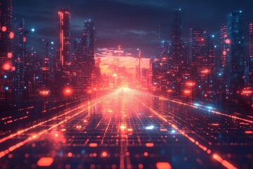Naklejka premium Futuristic city highway sunset digital art