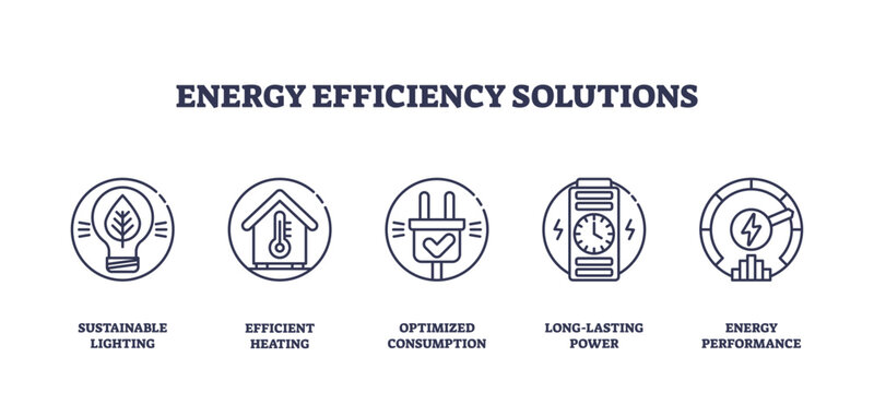 Energy efficiency solutions are represented by outline icons of lighting, heating, plug, battery, and performance gauge, highlighting sustainable and optimized energy use. Outline icons set