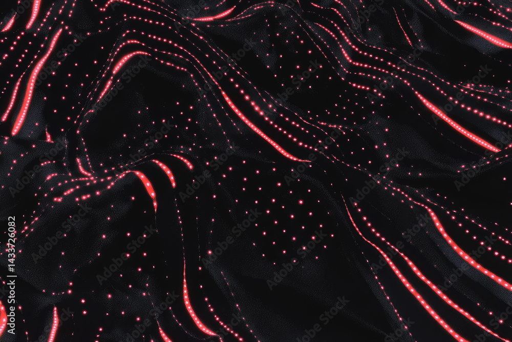 Aufkleber dynamic wave pattern of glowing red dots and lines on dark background creates futuristic and energetic visual effect. flowing design suggests movement and digital innovation