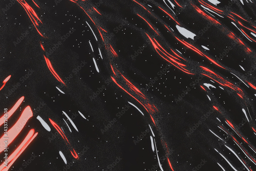 Aufkleber dynamic abstract image featuring flowing red and white lines against black background, creating sense of movement and energy. pattern resembles waves or liquid, with starry effect adding depth