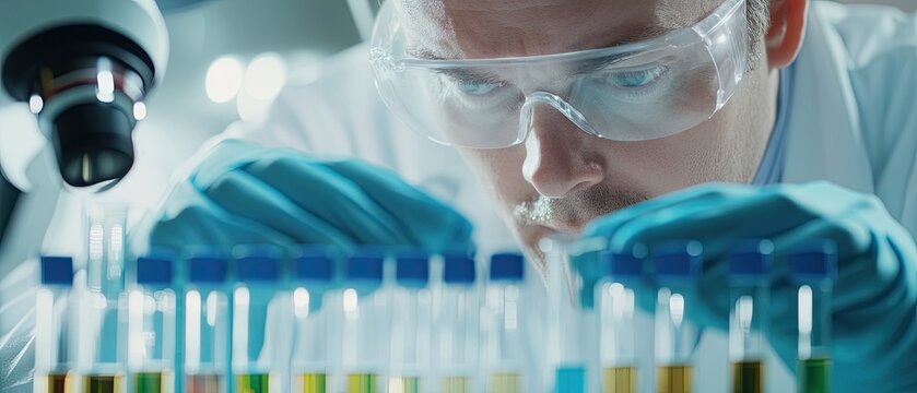 A scientist examines colorful test tubes under a microscope, showcasing a focused environment of laboratory research and experimentation. - Powered by Adobe