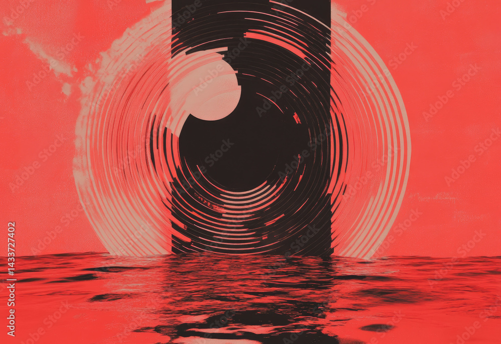 Aufkleber vibrant abstract image features bold red and black circular pattern with concentric rings, creating dynamic visual effect. design is reflected in rippling water surface, adding depth and intrigue
