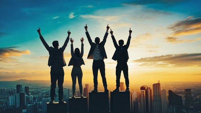 Achieving Business Success, Team Celebrating Victory with City Skyline Backdrop