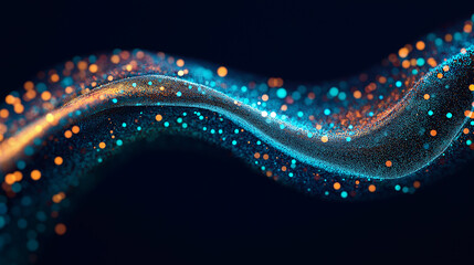 Abstract Blue Waving Dotted Line Particle Technology Background
,dark navy blue background, digital mesh ,technological data flow ,visualization  high resolution, digital art.