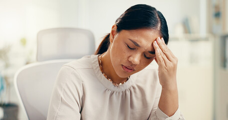 Headache, pain and professional fatigue with woman in office, brain fog or dizzy for stress, crisis...