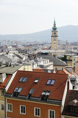 Fototapeta premium The view of Old Dom Cathedral and Maria Himmerfahrt Church from the Castle hill,. Linz, Austria 