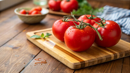 Red Tomatoes on cutting board on table in kitchen room, Tomato on board in kitchen room