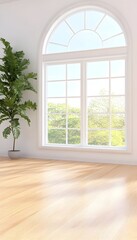 Bright room with arched window, hardwood floor, and potted plant, showcasing sunlit greenery outdoors
