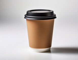 Firefly Paper coffee cup with black lid isolated on a white background, showcasing a photorealistic design with soft lighting