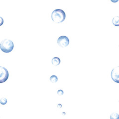 Streams of water bubbles vertical watercolor seamless pattern for kids designs. Stripes of transparent spheres from air different size. Hand drawn illustration splater round blobs for babies textile.