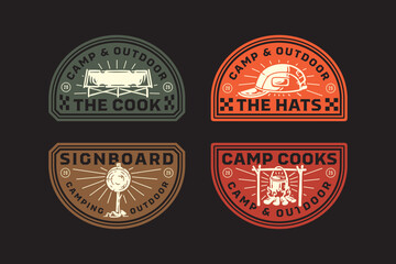 beanie hat, campfire cooking, signboard, sleeping bed, signpost, bonfire, bale fire retro badge logo vector design collection set for adventure, outdoor, camper, explorer, mountaineer and hiker